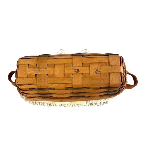 Longaberger Cracker Basket Blue & Cream Liners Plastic Protector Leather Handles - Picture 2 of 12